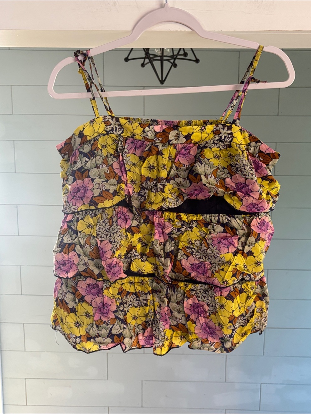 Anthropologie Liefnotes Floral Ruffle Tiered Cami in Yellow & Pink